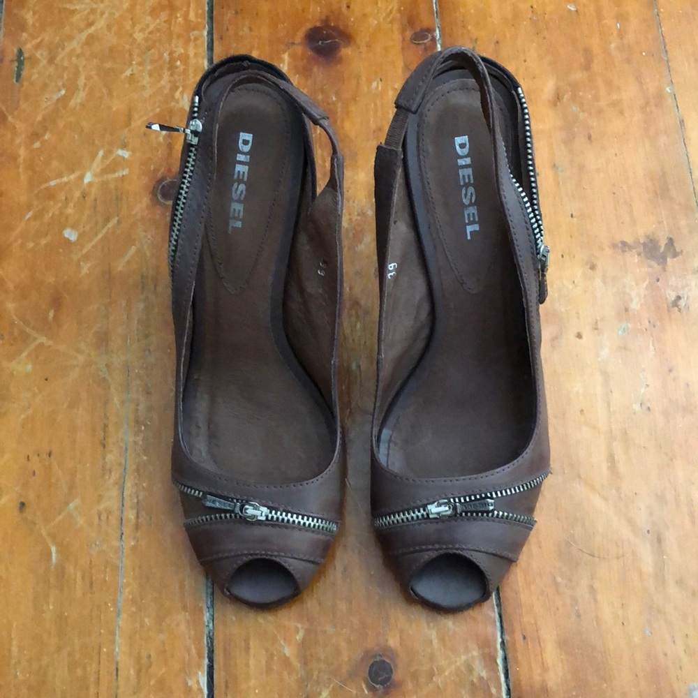 Diesel brown peep toe heels
